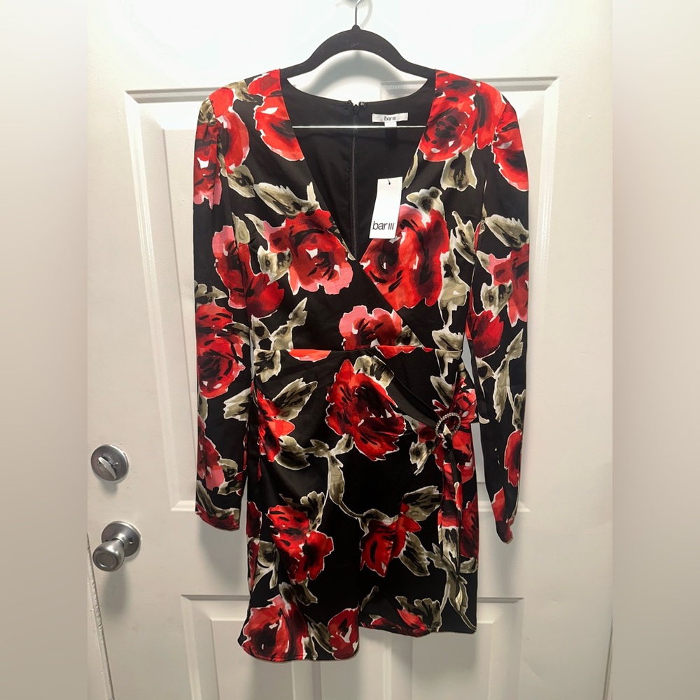 Bar III Black and Red Floral Long-Sleeve Wrap Dress
